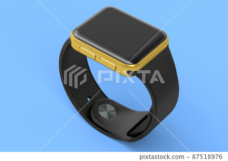 Stainless gold smart watch or fitness tracker isolated on blue background. 87518976