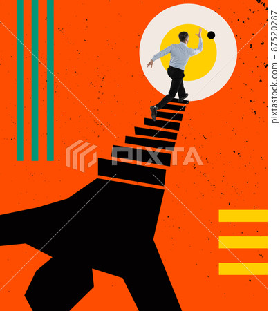 Contemporary art collage. Businessman, motivated employee climbing up to success 87520287