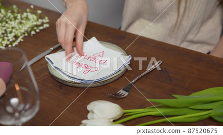 Close-up on a table with items to create a composition for Easter. Easter menu. Church holiday-Easter Close-up on a table with items to create a composition for Easter. Easter menu. Church holiday-Easter 87520675