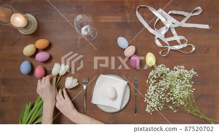 Top view of a table with items to create a composition for Easter. Easter menu. Church holiday-Easter Top view of a table with items to create a composition for Easter. Easter menu. Church holiday-Easter 87520702