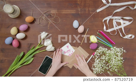 Top view of a table with items to create a composition for Easter. Happy Easter. Church holiday-Easter 87520719