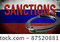 Sanctions against Russia Russian flag handcuffs background concept 87520881