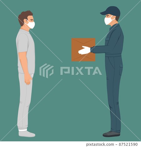 delivery man in mask and glowes with box in hands. Courier with order. Vector illustration 87521590
