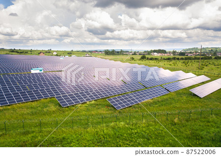 Aerial view of solar power plant on green field. Electric panels for producing clean ecologic energy. Aerial view of solar power plant on green field. Electric panels for producing clean ecologic energy. 87522006