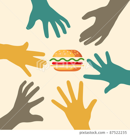 Hand trying to grab hamburger, Fast food, grab and go, burgers Hand trying to grab hamburger, Fast food, grab and go, burgers 87522235