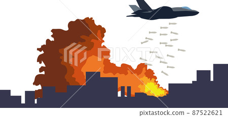 戰鬥機城市戰爭爆炸空襲恐怖主義爆炸戰爭插圖素材矢量 87522621