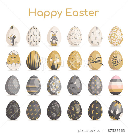 Happy Easter. Large collection of eggs with different textures, patterns and festive decorations on a white background. Spring holiday. Vector flat illustration 87522663