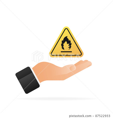 Fire flame danger icon in hand. Yellow illustration on white backdrop. Vector illustration Fire flame danger icon in hand. Yellow illustration on white backdrop. Vector illustration 87522933