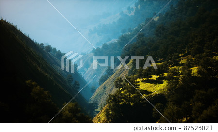 Sunset in mountain with green grass and trees Sunset in mountain with green grass and trees 87523021