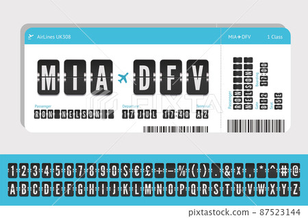 Flight ticket mock up with airport terminal board letters. Airplane boarding pass concept with scoreboard font 87523144
