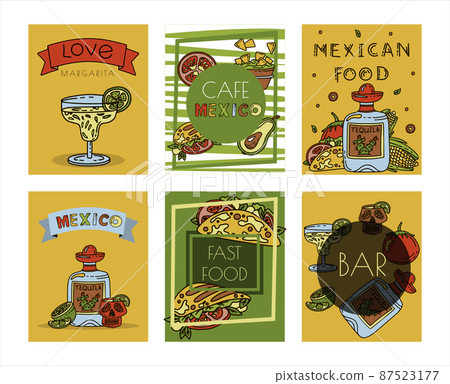 Mexican cuisine, vector doodle food banner. National spicy food, fast food, snacks. Sketch illustration for restaurant, menu, cafe. Fiesta mexicana 87523177
