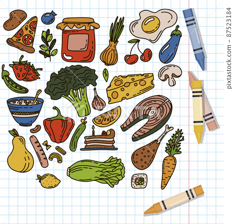 Vector Food Doodle Icons. Hand Made Line Art set. Menu Restaurant. Sketch illustration of healthy food. Logotype Symbol Design 87523184