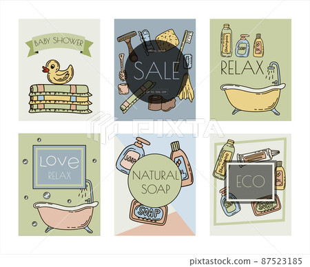 Bath doodle vector illustration. Hand draw banners of home bathroom hygiene accessories. Sketch icons for hotels, plumbing and cosmetics stores Bath doodle vector illustration. Hand draw banners of home bathroom hygiene accessories. Sketch icons for hotels, plumbing and cosmetics stores 87523185