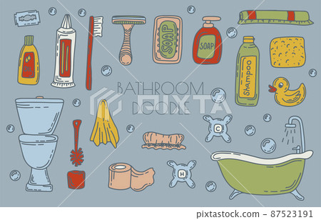Bath doodle vector illustration. Hand draw set of home bathroom hygiene accessories. Sketch icons for hotels, plumbing and cosmetics stores 87523191