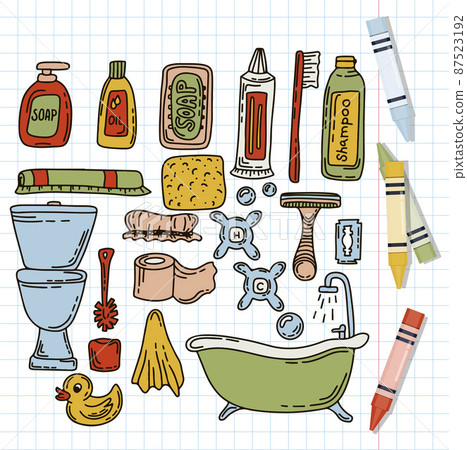 Bath doodle vector illustration. Hand draw set of home bathroom hygiene accessories. Sketch icons for hotels, plumbing and cosmetics stores Bath doodle vector illustration. Hand draw set of home bathroom hygiene accessories. Sketch icons for hotels, plumbing and cosmetics stores 87523192