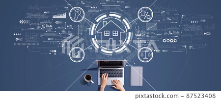 Real estate theme with person working with laptop Real estate theme with person working with laptop 87523408