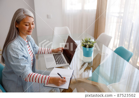 Woman sitting at the table with laptop and taking notes Woman sitting at the table with laptop and taking notes 87523502