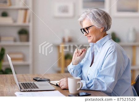 Mature businesswoman talking on video chat via laptop Mature businesswoman talking on video chat via laptop 87523520