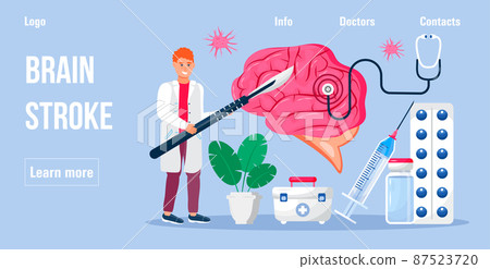Neurologist concept vector for medicine blog, medical blog. Brain with EKG, encephalogram machine. Neuron under magnifying glass 87523720