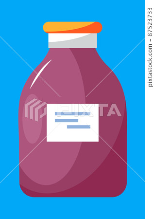 Medicine bottle vector. Drug remedy, pill bottle with pills and capsules 87523733