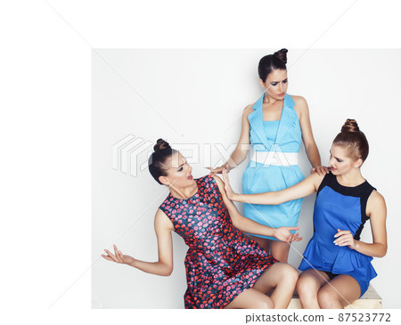 group of diverse stylish ladies in bright dresses isolated on white smiling having fun, watching selfie, lifestyle people concept group of diverse stylish ladies in bright dresses isolated on white smiling having fun, watching selfie, lifestyle people concept 87523772