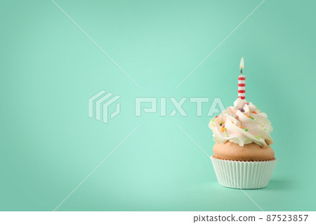 Delicious birthday cupcake with candle on light green background. Space for text Delicious birthday cupcake with candle on light green background. Space for text 87523857