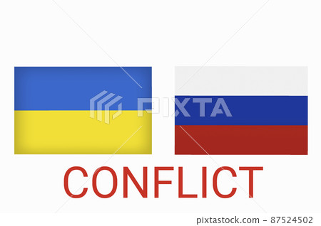 Ukraine vs Russia in world war crisis concept. Clash and military war conflict between Ukrainian and Russian country and nation. Flags of the two countries. Peace, no war, stop them. Flag symbols Ukraine vs Russia in world war crisis concept. Clash and military war conflict between Ukrainian and Russian country and nation. Flags of the two countries. Peace, no war, stop them. Flag symbols 87524502