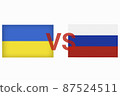 Ukraine vs Russia in world war crisis concept. Clash and military war conflict between Ukrainian and Russian country and nation. Flags of the two countries. Peace, no war, stop them. Flag symbols 87524511