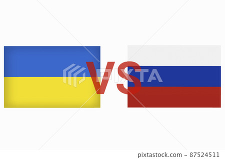Ukraine vs Russia in world war crisis concept. Clash and military war conflict between Ukrainian and Russian country and nation. Flags of the two countries. Peace, no war, stop them. Flag symbols 87524511