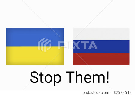 Ukraine vs Russia in world war crisis concept. Clash and military war conflict between Ukrainian and Russian country and nation. Flags of the two countries. Peace, no war, stop them. Flag symbols Ukraine vs Russia in world war crisis concept. Clash and military war conflict between Ukrainian and Russian country and nation. Flags of the two countries. Peace, no war, stop them. Flag symbols 87524515