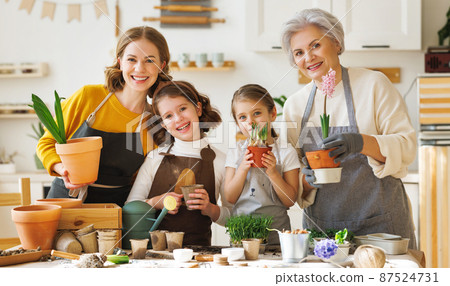 Happy family transplanting plants together at home 87524731