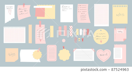 Cartoon sticky notes. Cute scrap from notepad for noting, coloured isolated sticker, paper list school notebook, noticeboard label, office stickers, neat vector illustration. Notepad sticky sticker 87524963