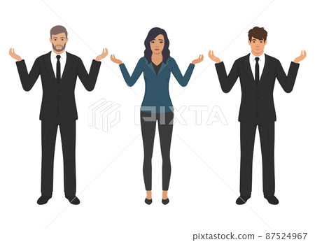 Oops. Sorry. I do not know. Young business man shrugs, shows helpless gesture and spread his hands, he does not know what to do. 87524967