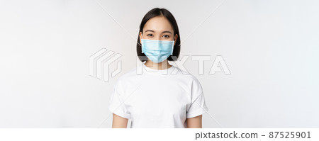 Health and covid pandemic concept. Smiling asian girl wearing medical face mask, looking happy and confident, protecting herself from coronavirus, white background Health and covid pandemic concept. Smiling asian girl wearing medical face mask, looking happy and confident, protecting herself from coronavirus, white background 87525901