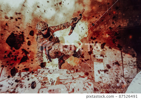 A bearded soldier in uniform of special forces in a dangerous military action in a dangerous enemy area. Selective focus 87526491