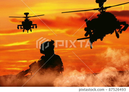 Silhouette of infantry soldier, marine corps fighter, navy special operations team member in full tactical ammunition running with weapon in hands during airborne operation with helicopters support Silhouette of infantry soldier, marine corps fighter, navy special operations team member in full tactical ammunition running with weapon in hands during airborne operation with helicopters support 87526493