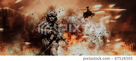 A bearded soldier in uniform of special forces in a dangerous military action in a dangerous enemy area. Selective focus 87526505