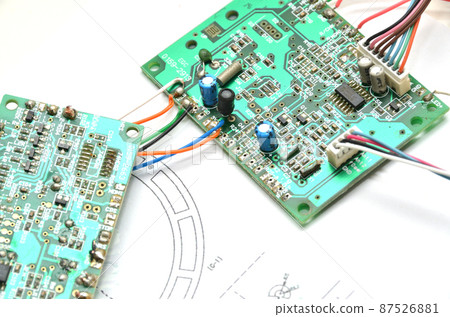 Old semiconductor / repair image placed on the blueprint of the pendulum clock Old semiconductor / repair image placed on the blueprint of the pendulum clock 87526881