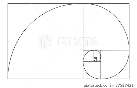 Golden ratio sign. Logarithmic spiral in rectangle. Nautilus shell shape. Leonardo Fibonacci Sequence. Ideal nature symmetry proportions template 87527421