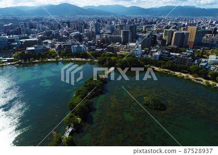 Aerial view of the cityscape of Fukuoka city from Ohori Park with a drone Aerial view of the cityscape of Fukuoka city from Ohori Park with a drone 87528937