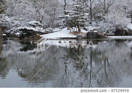 A pond in a park with thin ice on a snowy day A pond in a park with thin ice on a snowy day 87529458
