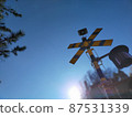 Railroad crossing in the clear blue sky 87531339