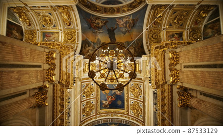 Saint Petersburg, Russia - October 24, 2021: interior of the Cathedral of St. Isaac of Dalmatia. Dome inside and ceiling. It is one of the most beautiful cathedrals in St. Petersburg. 87533129