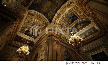 Saint Petersburg, Russia - October 24, 2021: Detail of interior of Saint Isaac's Cathedral or Isaakievskiy Sobor. Fragment of the interior painting of the ceilings. 87533130