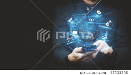 Business people use global Internet connection technology and digital marketing, finance and banking, digital link technology, big data. Business people use global Internet connection technology and digital marketing, finance and banking, digital link technology, big data. 87533298