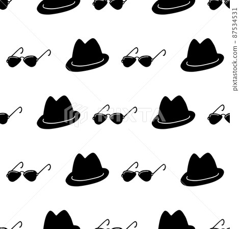 Detective, spy, mafia seamless pattern. Silhouette of black hat and sunglasses in a row on white background. 87534531