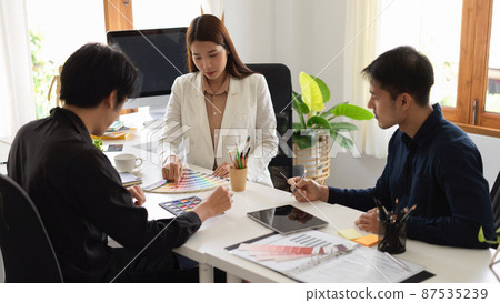 Graphic designers team having a serious meeting in the office Graphic designers team having a serious meeting in the office 87535239