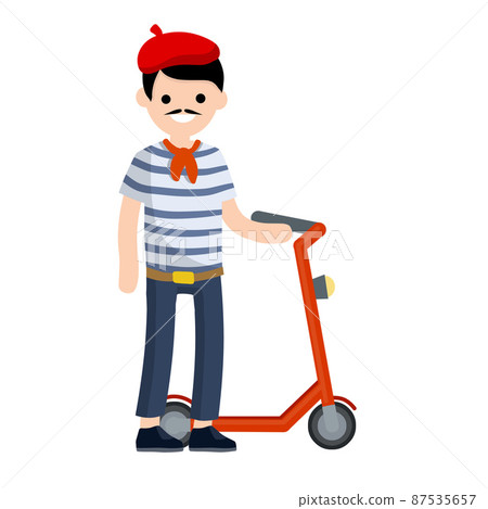 Young french man with scooter. Modern Hobbies and sports. Urban transport. Young french man with scooter. Modern Hobbies and sports. Urban transport. 87535657