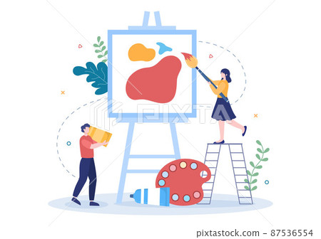 Painting Flat Illustration with Someone who Paints using Easel, Canvas, Brushes and Watercolor for Poster or Workshops Designs 87536554