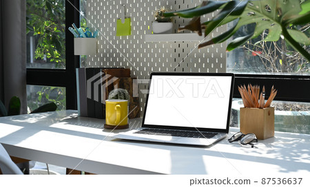 Mock up laptop computer, houseplant and stationery on white table. Mock up laptop computer, houseplant and stationery on white table. 87536637